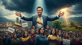 Hombre sonriente con brazos abiertos frente a una multitud diversa. Sostienen banderas colombianas y carteles de "¡CAMBIO!". Fondo de ciudad y campo, cielo nublado con luz.