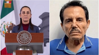 Dos imágenes: una mujer con expresión seria en un podio con bandera de México al fondo; un hombre con bigote y camisa polo azul.
