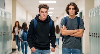 Dos estudiantes varones, uno con expresión agresiva y puños cerrados, el otro de brazos cruzados, parados en un pasillo escolar con casilleros.