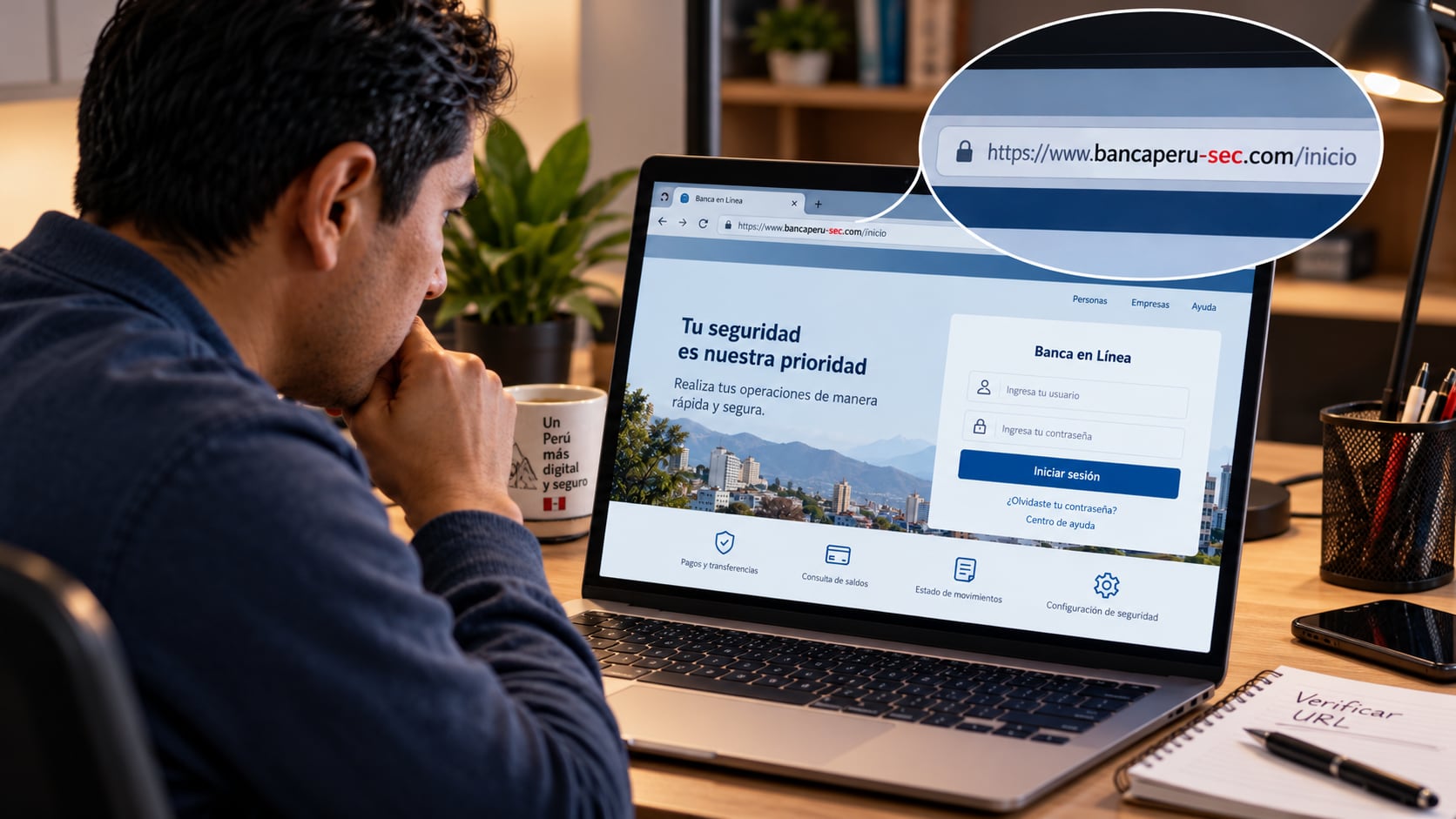 Un usuario examina en una computadora un portal bancario falso que presenta una dirección web alterada para capturar información personal. (Imagen Ilustrativa Infobae)