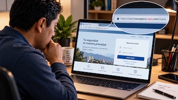 Un hombre observa una computadora portátil con una página web bancaria y un recuadro en pantalla que amplía una dirección de internet