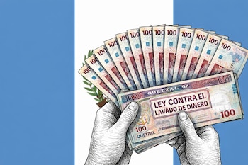 Una mano sostiene billetes de 100 quetzales y uno muestra el texto 'Ley contra el Lavado de Dinero', con la bandera de Guatemala en el fondo.