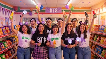 Ocho jóvenes sonrientes, con camisetas y accesorios de BTS, levantan botellas de Boing y lightsticks en una tienda decorada con globos y banderines.