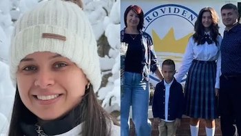 Composición de dos imágenes: una mujer sonriendo con gorro blanco en un paisaje nevado, y una familia de cuatro personas posando frente a un letrero