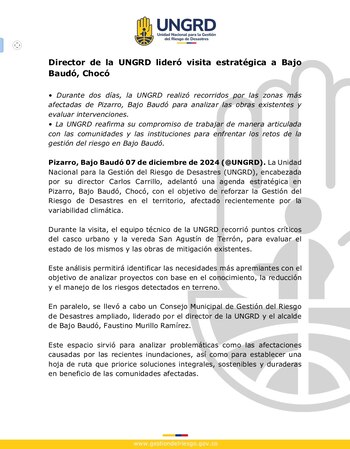 Comunicado oficial de la Unidad Nacional para la Gestión del Riesgo de Desastres por su visita a Bajo Baudó - crédito Ungrd