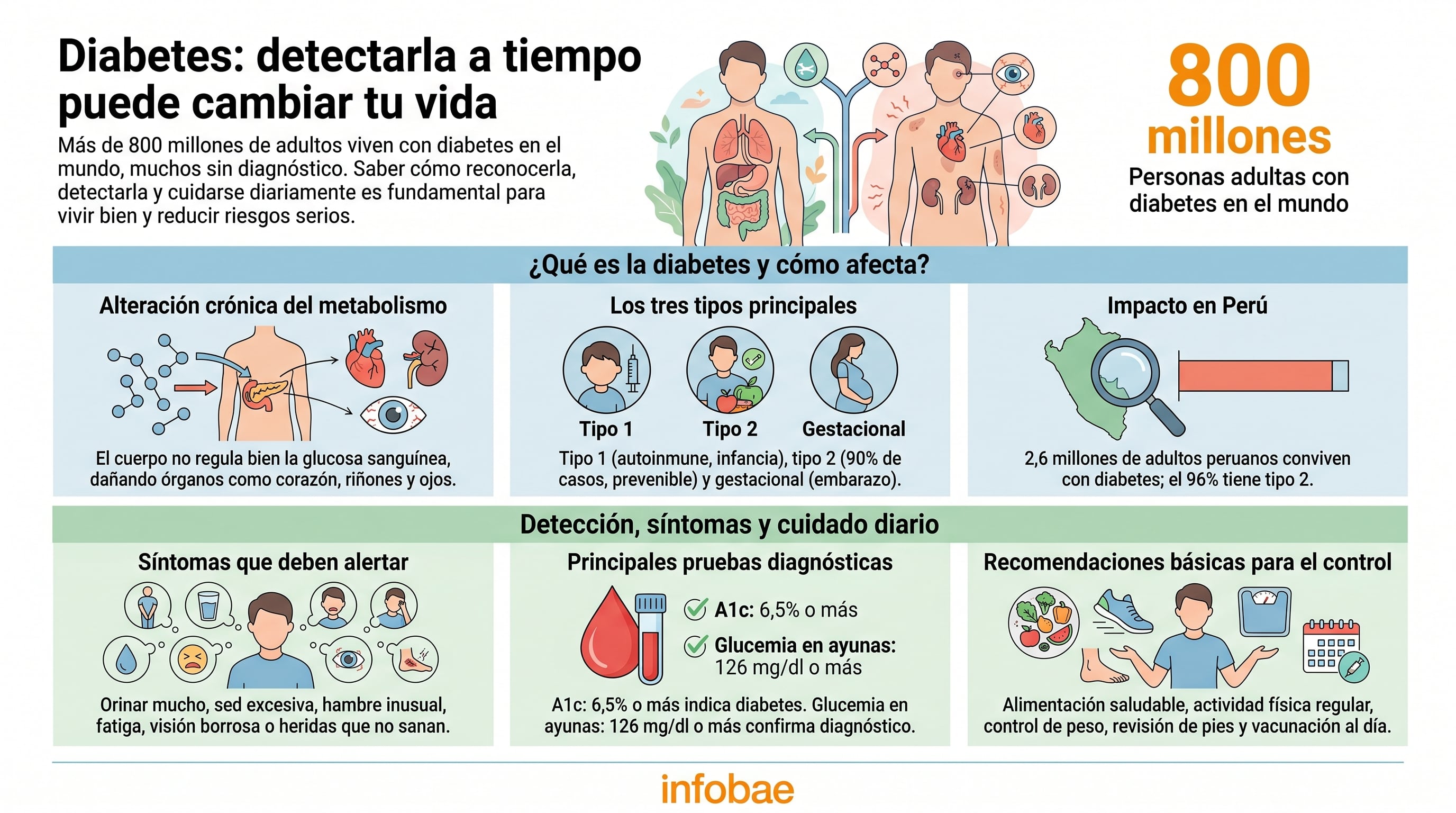 Más de 800 millones de adultos padecen diabetes globalmente, y su detección temprana y cuidado diario son fundamentales para una vida plena y reducir riesgos serios. (Imagen Ilustrativa Infobae)