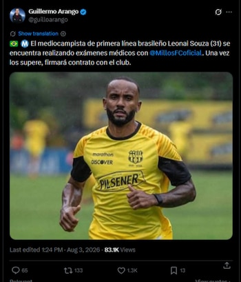 Millonarios tendría un acuerdo con Leonai Souza para reforzar el mediocampo en la Liga BetPlay 2026-II-crédito @guilloarango/X
