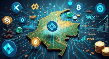 Mapa tridimensional de Colombia sobre un circuito digital oscuro, rodeado de símbolos de monedas digitales, granos de café, una esmeralda y gráficos financieros.