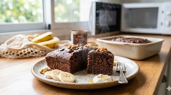 Bizcochuelo de banana y cacao recién horneado y cortado en un plato, con nueces, rodajas de plátano y crema. Un microondas humeante al fondo.