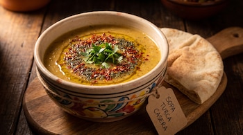 Tazón decorado con sopa de lentejas, especias, perejil y aceite, acompañado de un pan pita y una etiqueta sobre una tabla de madera.