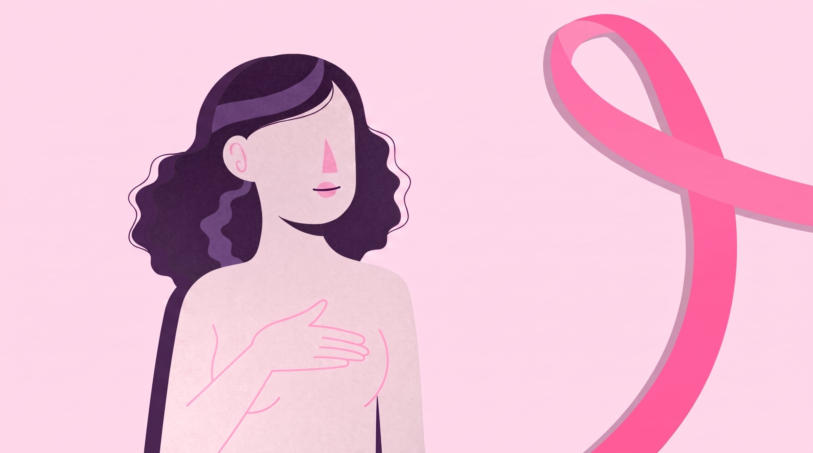 Una mujer realiza una autoexploración mamaria junto a un lazo rosa en una ilustración sobre la concientización del cáncer de mama. (Imagen Ilustrativa Infobae)