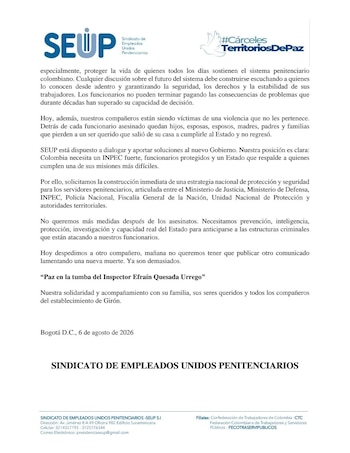 El sindicato sostuvo que la cárcel de Palogordo, en Girón, tiene limitaciones humanas, logísticas y tecnológicas para recibir internos de alta peligrosidad - crédito Seup/Facebook