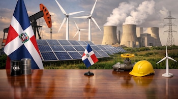 Banderas de República Dominicana, barriles de petróleo, un casco de seguridad, paneles solares, aerogeneradores y torres de enfriamiento.