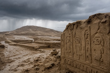 Un muro de barro esculpido con relieves figura en primer plano frente a ruinas arqueológicas lodosas bajo un cielo con lluvia.