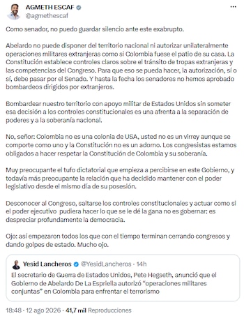Agmeth Escaf rechaza operaciones militares extranjeras sin aval del Congreso - crédito @agmethescaf/X