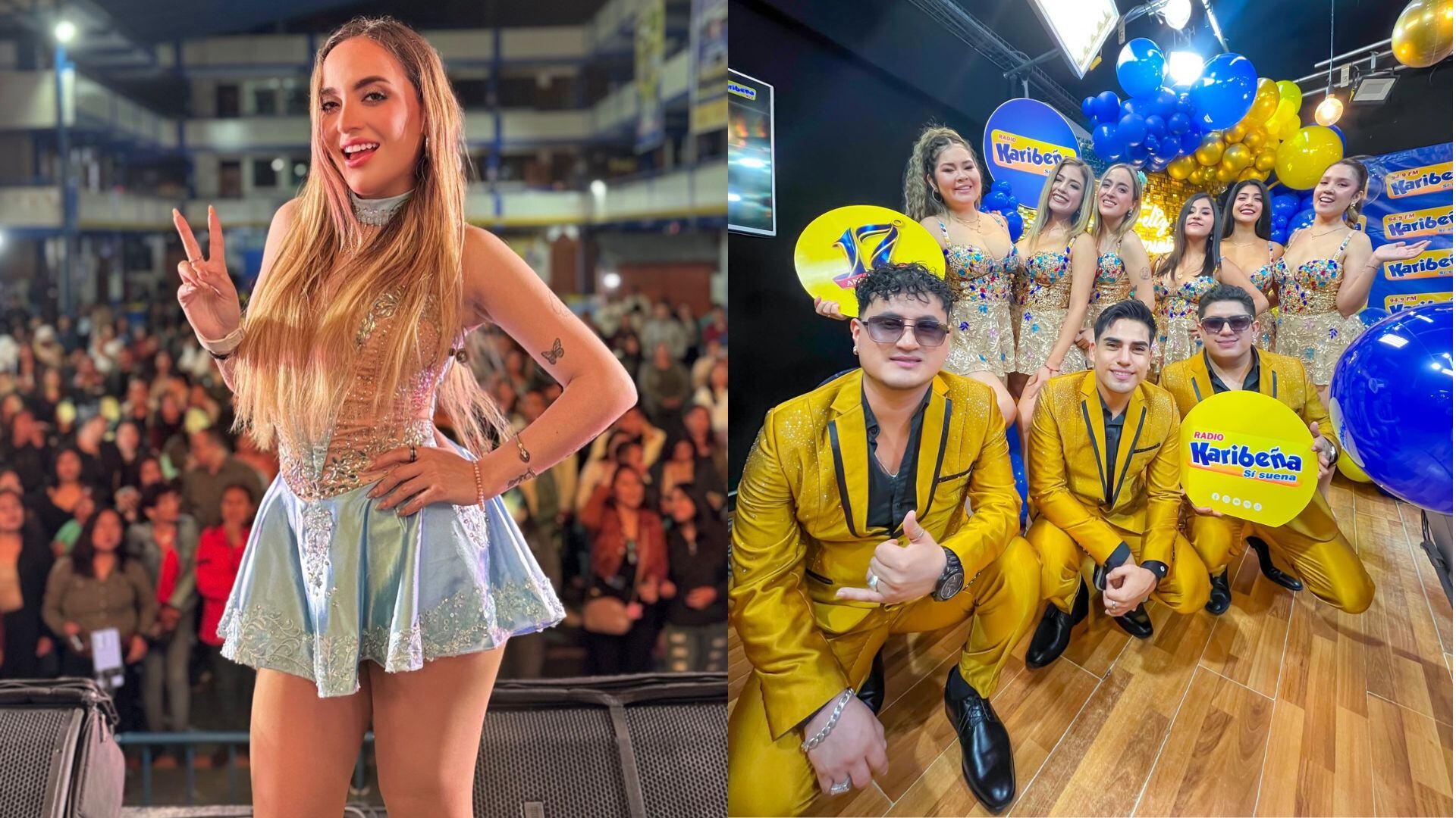 Mafer Portugal canta en un escenario ante una audiencia, mientras la orquesta Papillón posa en grupo en un evento promocional de Radio Karibeña.