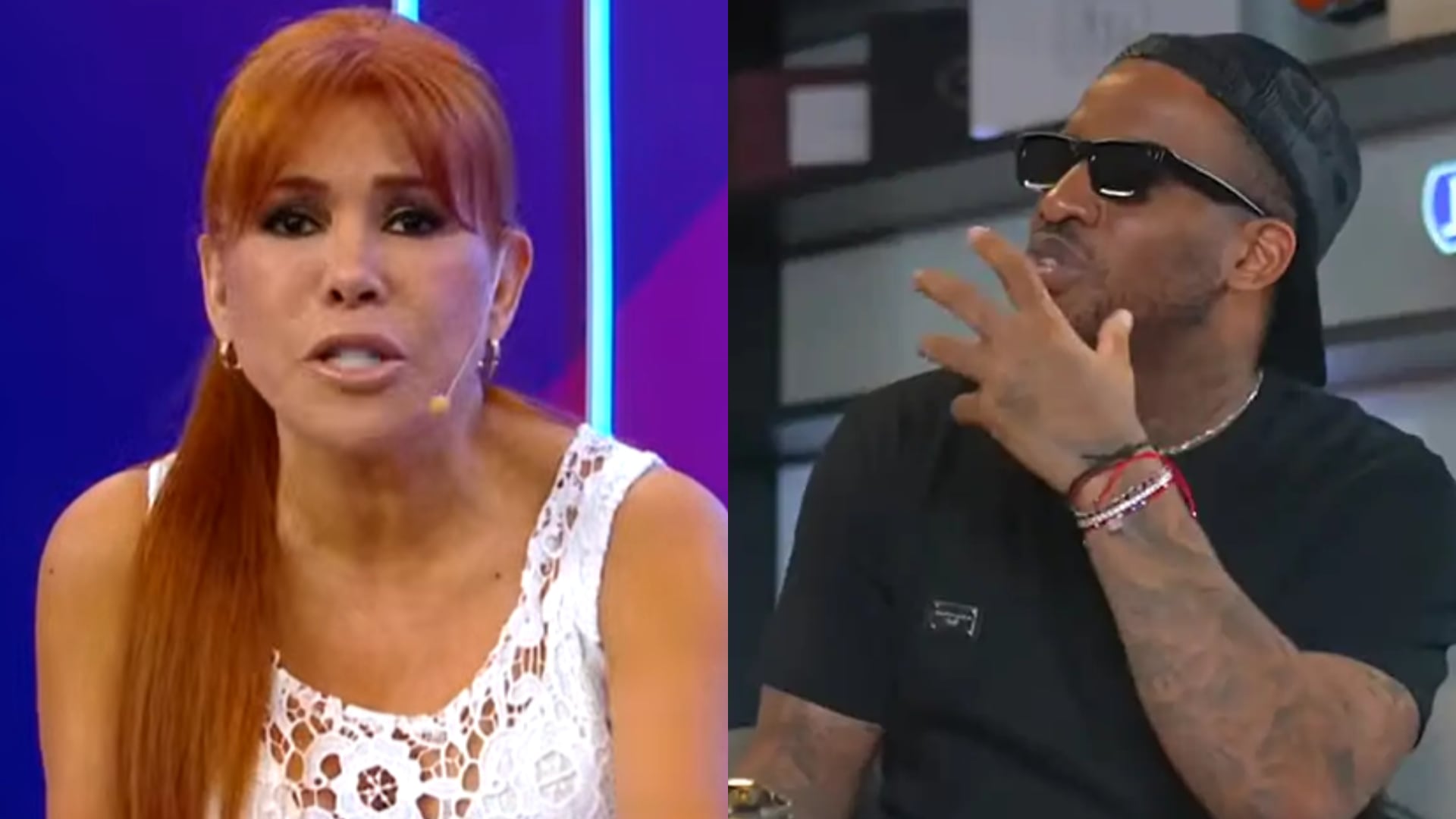 En una emisión televisiva, Magaly Medina y Jefferson Farfán son mostrados en una pantalla dividida, discutiendo el sustento del cobro de S/350.000 en el juicio.