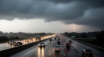 Autopista interestatal con tráfico bajo lluvia intensa y cielo oscuro. Vehículos circulan con luces encendidas. Un rayo ilumina el fondo sobre una arboleda.