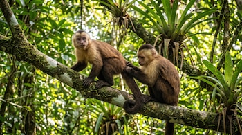Dos monos capuchinos de pelaje marrón y claro sentados en una rama horizontal cubierta de musgo. El fondo es un follaje verde borroso.