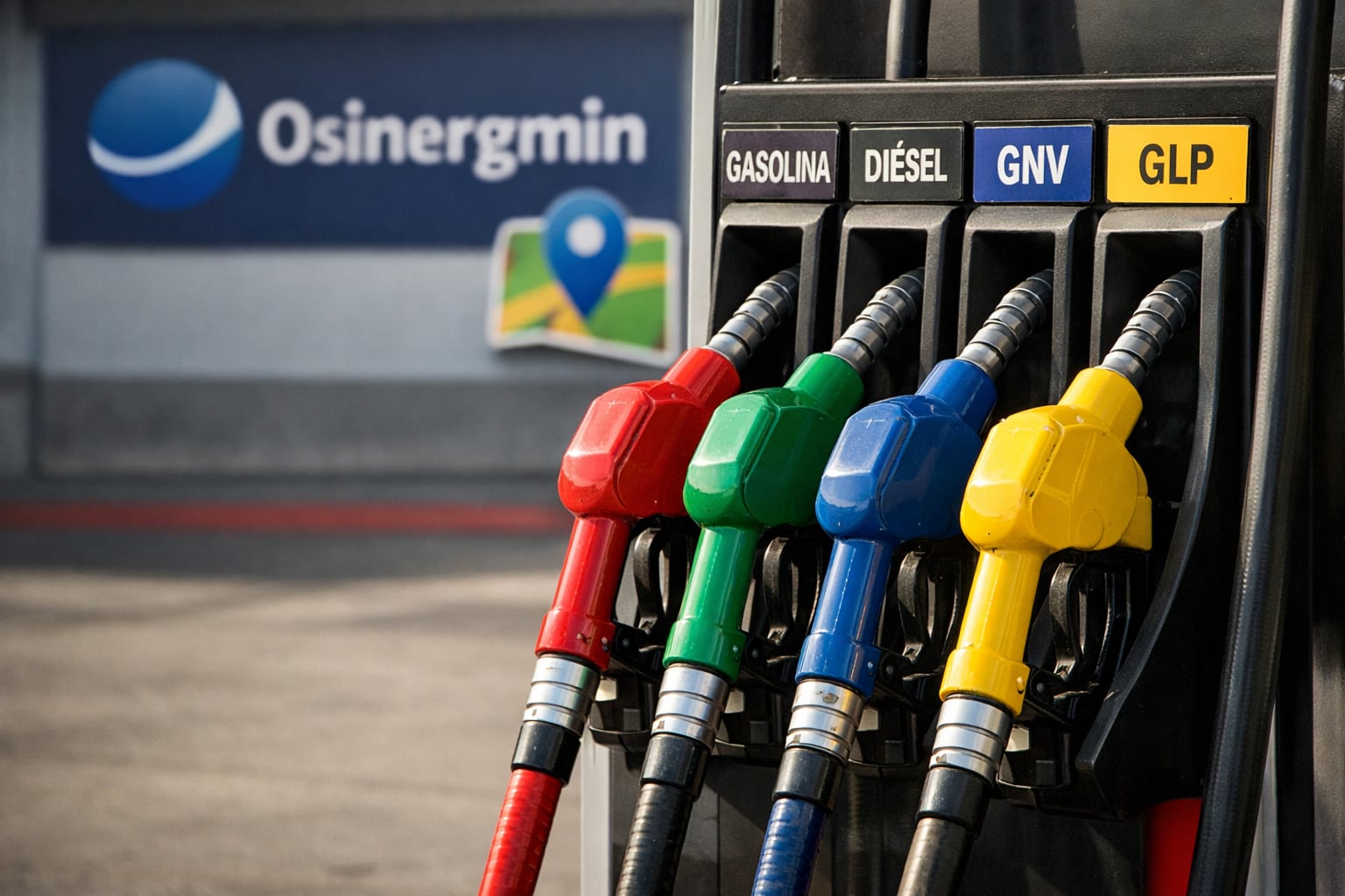 Una estación de servicio en Perú exhibe surtidores de gasolina, diésel, GNV y GLP junto a los logos de Osinergmin y la app Facilito en segundo plano. (Imagen Ilustrativa Infobae)