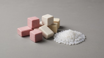 Cubos y prismas de color rosa, blanco y crema junto a un cúmulo de pequeñas bolitas translúcidas sobre una superficie gris lisa.