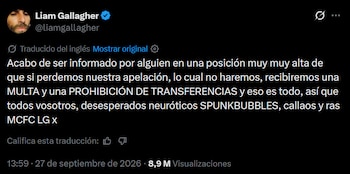 Captura de pantalla de una publicación en la red social X realizada por el usuario Liam Gallagher en modo oscuro