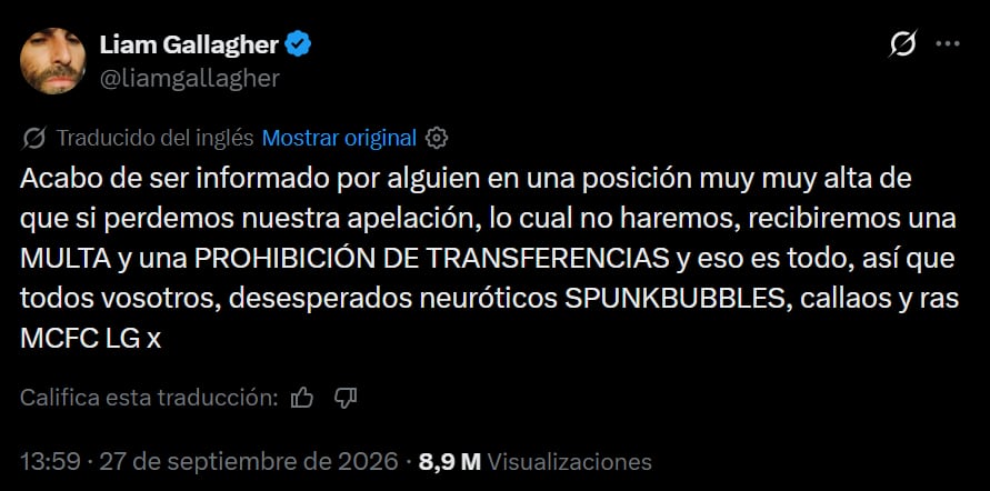 El cantante Liam Gallagher se refiere en la red social X a la resolución de una apelación vinculada al Manchester City Fútbol Club (Captura de video)