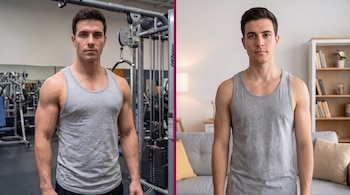 Dos imágenes de un hombre joven en camiseta gris y pantalón negro, una en un gimnasio con máquinas y otra en un salón con sofá y estantería.
