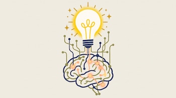 Ilustración de un cerebro con líneas azules y verdes, nodos interconectados, y una bombilla brillante encima con destellos dorados sobre un fondo claro.