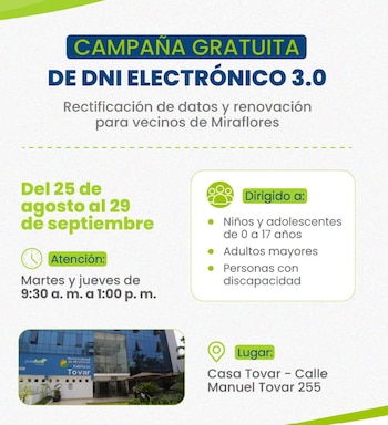 Los beneficiarios podrán gestionar gratuitamente la renovación de su DNI electrónico 3.0 durante el periodo de la convocatoria - Créditos: Municipalidad de Miraflores.