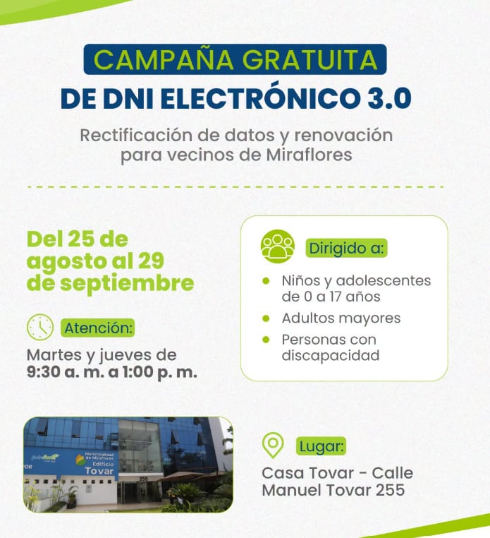 Los beneficiarios podrán gestionar gratuitamente la renovación de su DNI electrónico 3.0 durante el periodo de la convocatoria - Créditos: Municipalidad de Miraflores.