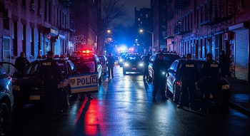 Calle urbana de noche con varios coches de policía y oficiales. Luces rojas y azules se reflejan en la calzada mojada. Edificios residenciales visibles.