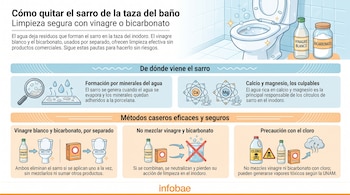Infografía con título "Cómo quitar el sarro de la taza del baño", inodoro, botella de vinagre blanco, bote de bicarbonato de sodio y pictogramas de seguridad.