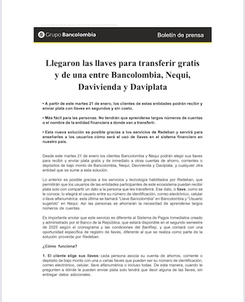Comunicado de Bancolombia - crédito