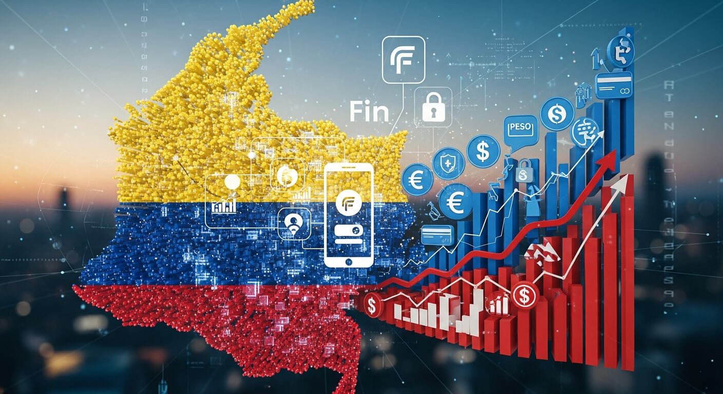 La imagen muestra un mapa digital de Colombia con los colores de la bandera nacional, acompañado de gráficos y símbolos que representan el auge de las fintech y la economía digital. Las representaciones visuales incluyen iconos de monedas, tecnología y crecimiento económico, destacando la transformación financiera impulsada por innovaciones tecnológicas en el país. (Imagen Ilustrativa Infobae)