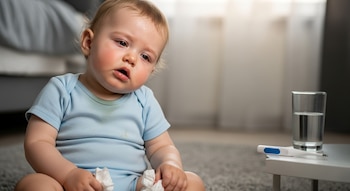 Un bebé con ropa azul claro y manchas, la frente sudorosa y pañuelos en las manos, sentado en una alfombra gris; al fondo hay un termómetro digital y un vaso de agua.