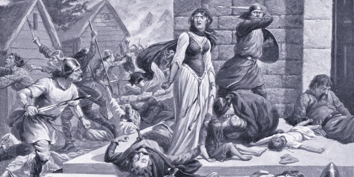 El ataque se destacó por su violencia planificada y su ejecución directa sobre las comunidades danesas bajo orden real (foto: pintura de Alfred Pearse)