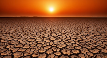 Imagen de un campo agrícola completamente seco y agrietado, con la tierra con profundas fisuras. Un sol brillante se destaca en un cielo anaranjado rojizo.