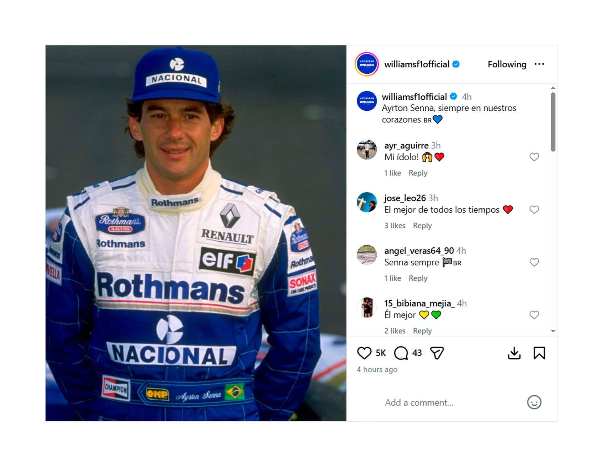 El posteo de Williams para recordar a Senna