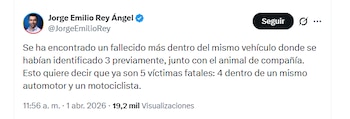El gobernador Jorge Emilio Rey Ángel informó que se encontró un fallecido más dentro de un vehículo involucrado en el accidente en el peaje Casa Blanca - crédito @JorgeEmilioRey/X