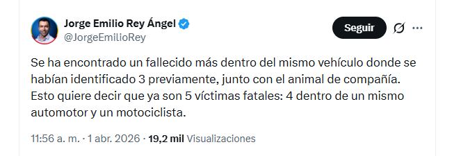 El gobernador Jorge Emilio Rey Ángel informó que se encontró un fallecido más dentro de un vehículo involucrado en el accidente en el peaje Casa Blanca - crédito @JorgeEmilioRey/X