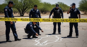 Cinco policías uniformados inspeccionan una zona exterior con cinta amarilla de "POLICÍA DEL ESCENA DEL CRIMEN" y un contorno de tiza en el suelo.