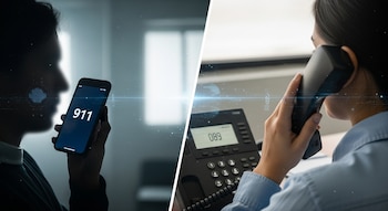 Pantalla dividida, con la silueta de una persona y un celular mostrando 911, y una persona de espaldas usando un teléfono fijo con el número 089.