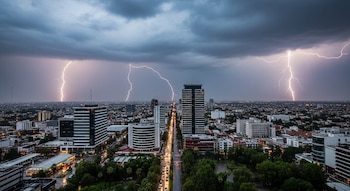 Vista aérea de una ciudad mexicana bajo una tormenta eléctrica. Edificios, avenidas con tráfico y charcos. Nubes oscuras y cuatro rayos iluminan el horizonte.