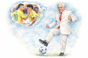 Ilustración acuarela de Jorge Barón en traje blanco, patea un balón de fútbol y hace pulgar arriba. Una nube de pensamiento muestra a tres futbolistas de Colombia.