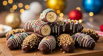 Varias chocobananas caseras con cobertura de chocolate, algunas con chispas de colores y otras con nueces, apiladas sobre una tabla de madera.