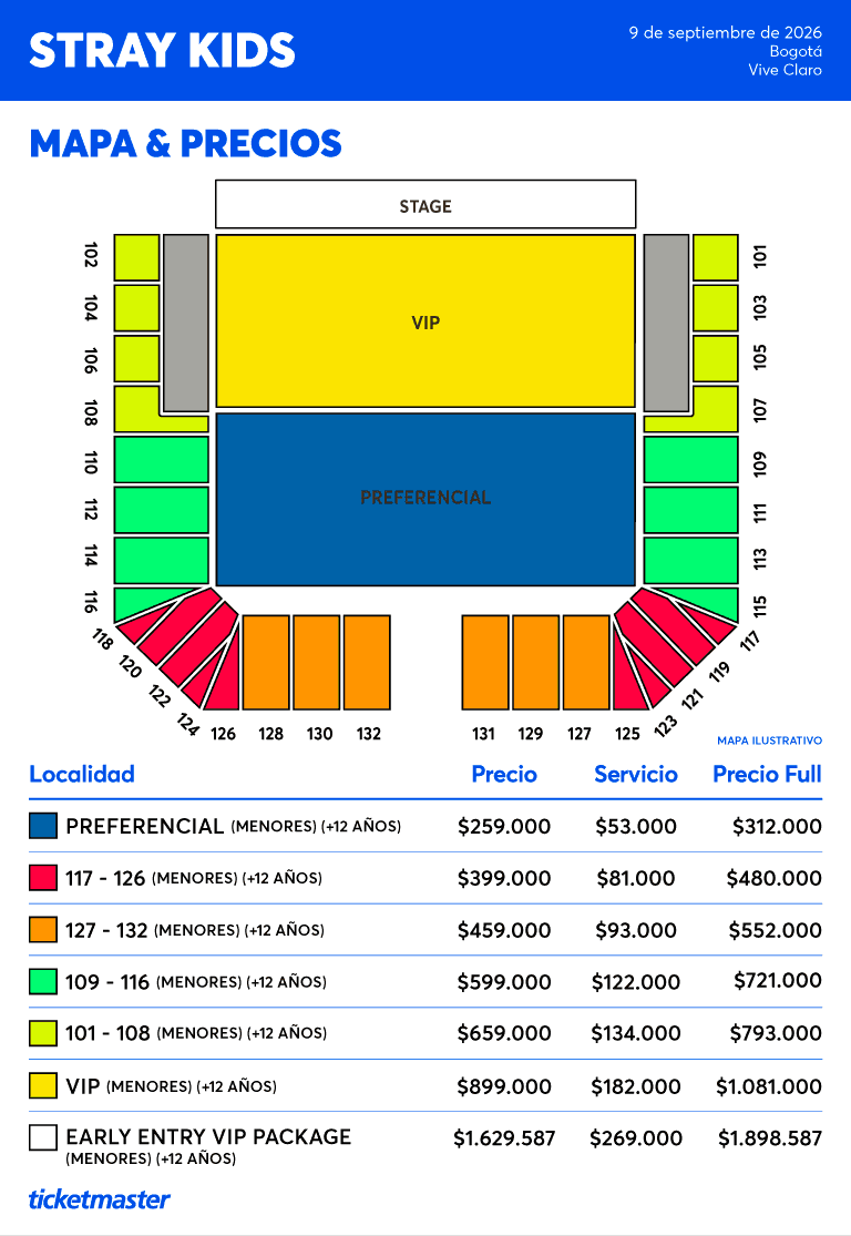 Precios de entradas y mapa de zonas para el concierto STRAYCITY de Stray Kids en Colombia (Ticketmaster Colombia)