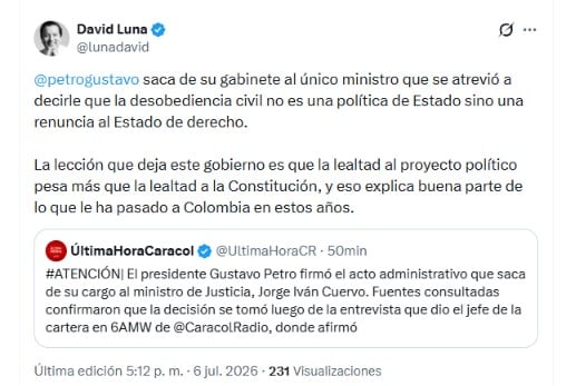 David Luna expresó su preocupación por las razones que motivaron el relevo de Jorge Iván Cuervo - crédito @lunadavid/X