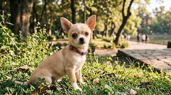 Un perro chihuahua de color beige con collar azul permanece sentado sobre el césped rodeado de árboles.