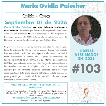 María Ovidia Palechor era una lideresa comunitaria indígena perteneciente al pueblo Yanakuna - crédito @Indepaz/X